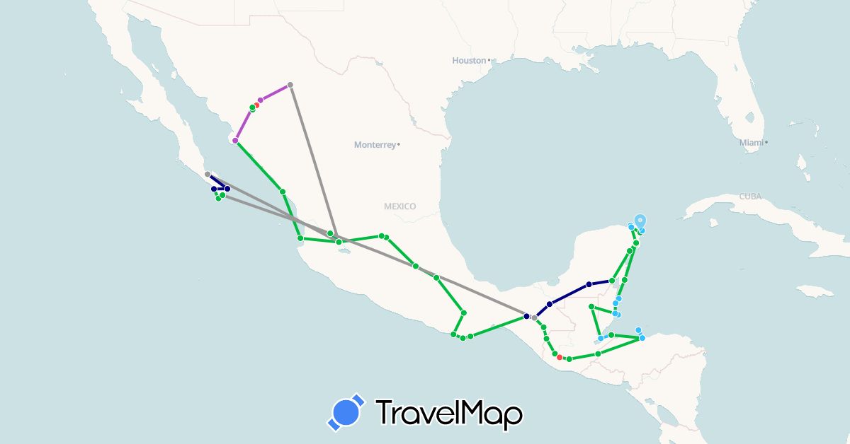 TravelMap itinerary: driving, bus, plane, train, hiking, boat in Belize, Guatemala, Honduras, Mexico (North America)